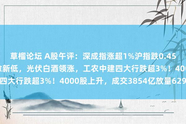 草榴论坛 A股午评：深成指涨超1%沪指跌0.45%，盘中均再度创下治愈新低，光伏白酒领涨，工农中建四大行跌超3%！4000股上升，成交3854亿放量629亿