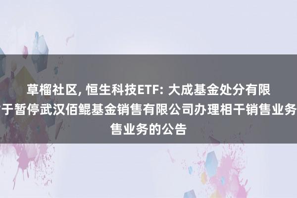 草榴社区， 恒生科技ETF: 大成基金处分有限公司对于暂停武汉佰鲲基金销售有限公司办理相干销售业务的公告